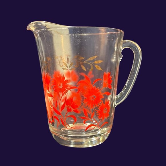 Vintage Hazel Atlas Red & Gold Floral Glass Serving Pitcher Mid-Century 1950s - Picture 3 of 3